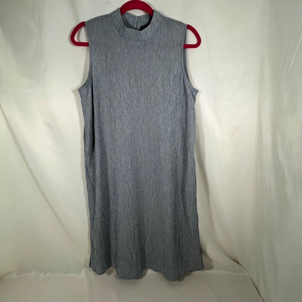 Eileen Fisher Gray Crinkle Plissé Mock Neck Shift Dress Sleeveless Small